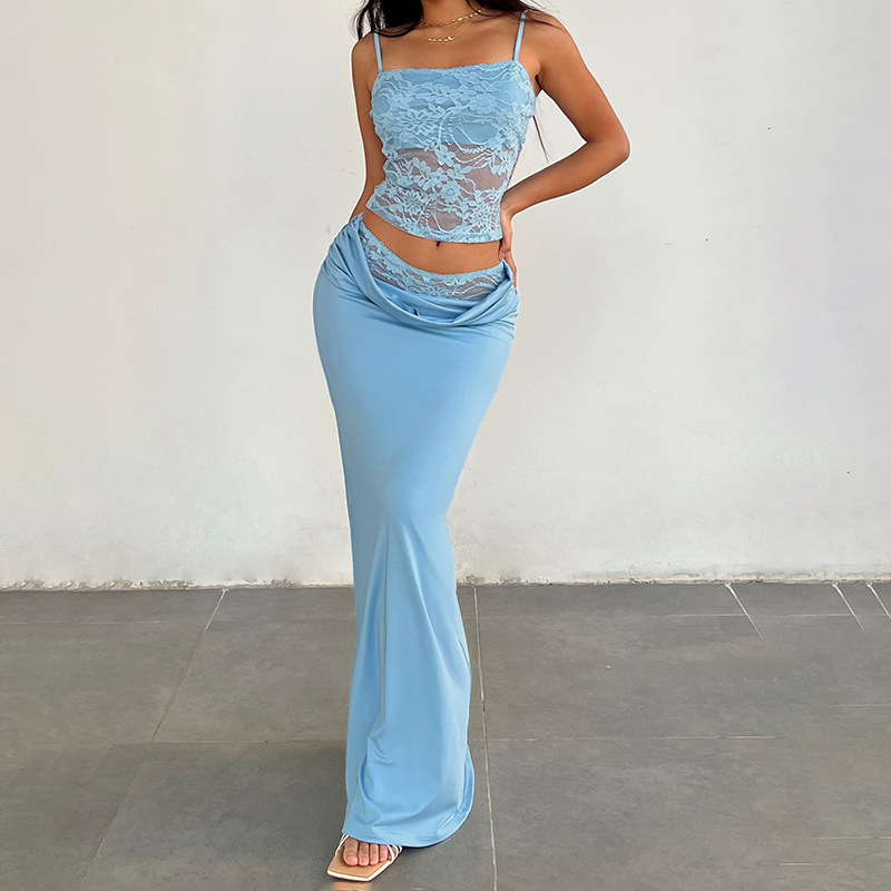 Women Clothing Lace Top with Narrow Straps Stitching Satin Fishtail Skirt Slim Waist Sheath Skirt Two Piece Sets