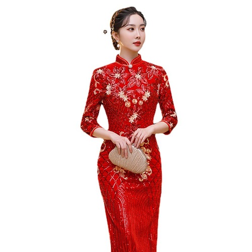 Red Sequined Chinese Dresses for women Oriental Qipao Cheongsam Wedding party Engagement Bride Toasting Dress Retro host singers model Banquet dress