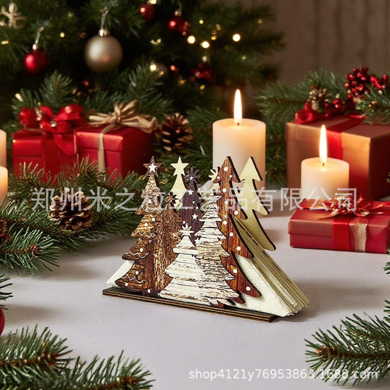 跨境亚马逊热卖木质圣诞节纸巾架装饰木制圣诞树造型氛围居家摆饰