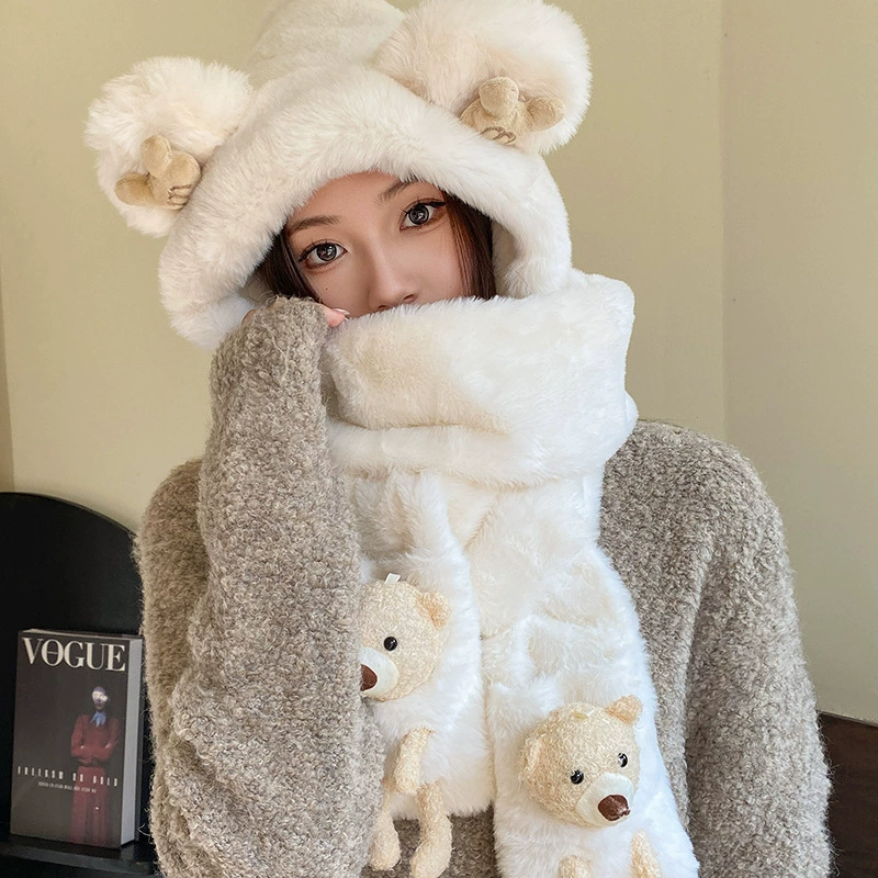 Demi-season set, warm hat, scarf, gloves, Korean style, with little bears, 3 piece set, three in one