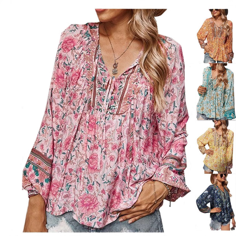 Cross-border 2023 European and American AliExpress Amazon new women's V-neck printed casual loose thin women's T-shirt Cross-border 2023 European and American AliExpress Amazon new women's V-neck printed casual loose thin women's T-shirt