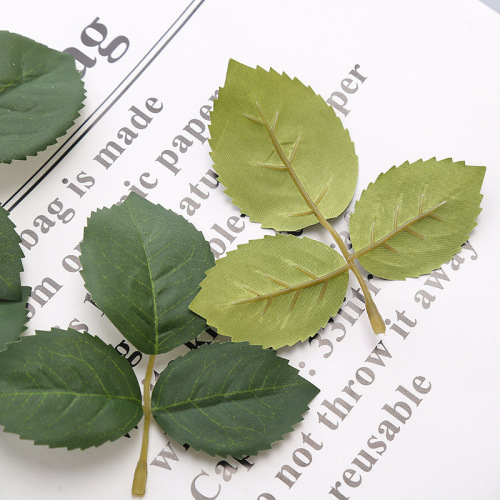 High-end simulated dark green rose leaves thickened silk screen three-pronged rose fake leaves decorative flower arrangement accessories