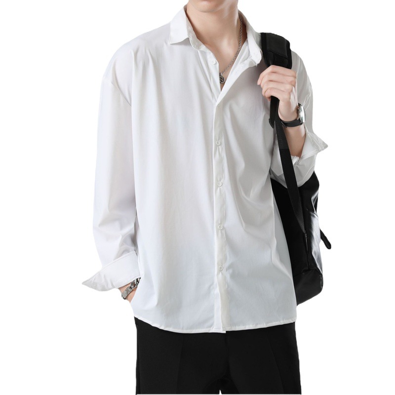 Camisa casual de manga larga para hombre ins camisa suelta de alto grado para hombre Ruan guapo drapeado color sólido más tamaño-pulgadas camisa para hombre