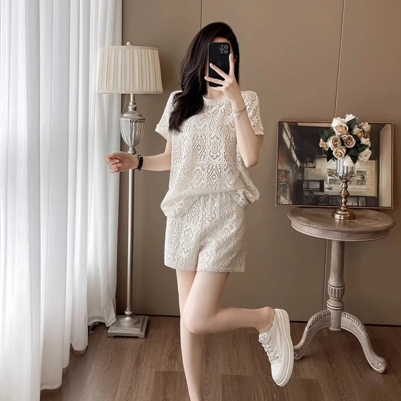 法式高级感蕾丝套装女2025夏季短袖短裤两件套睡衣女可外穿时尚|undefined