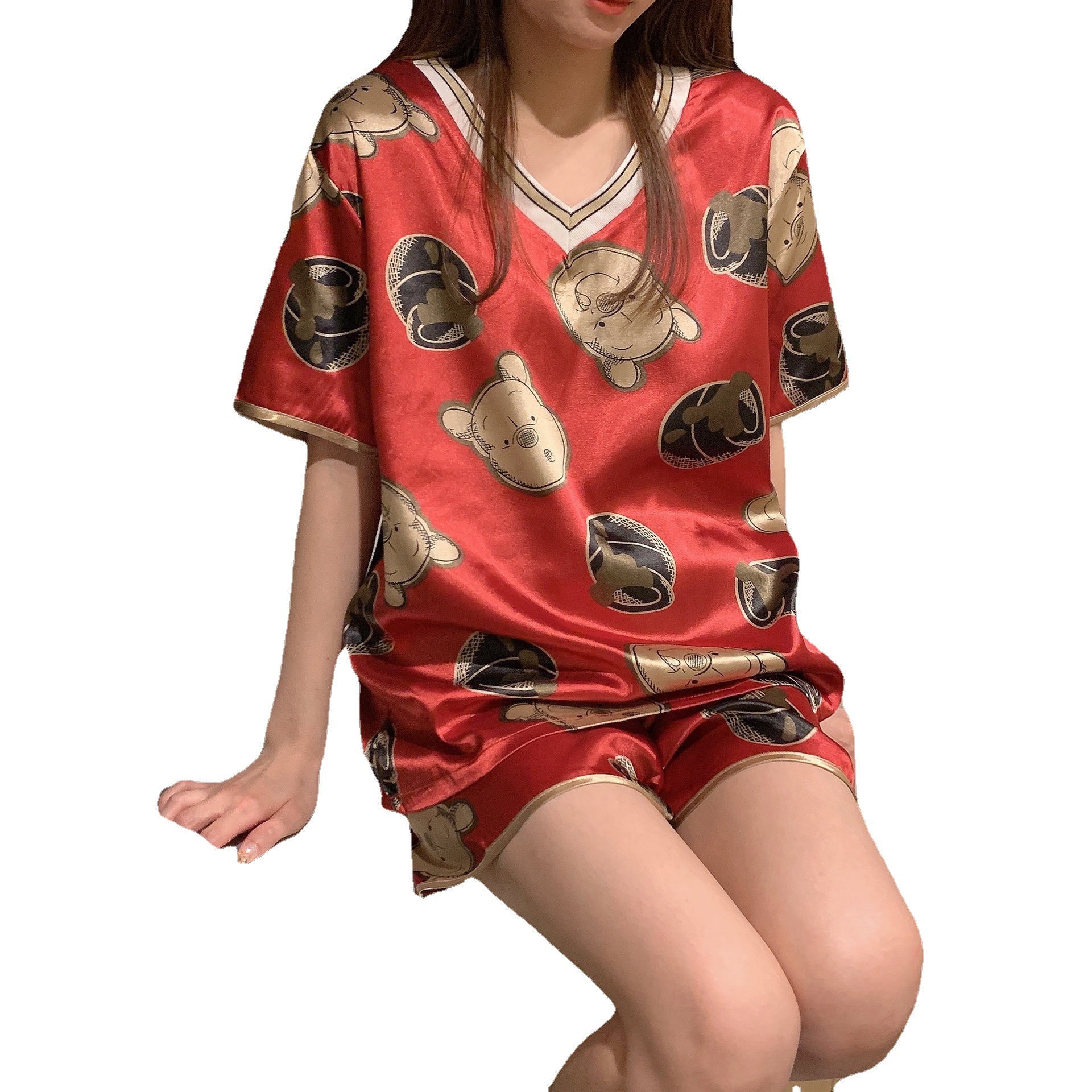 Pijamas de verano para mujer, de seda helada, manga corta, cuello en V, talla grande, novedad 2024, con estampado de dibujos animados.