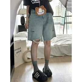 浅色破洞裤子牛仔短裤女高腰大码新款中直筒夏季胖显瘦五分宽松