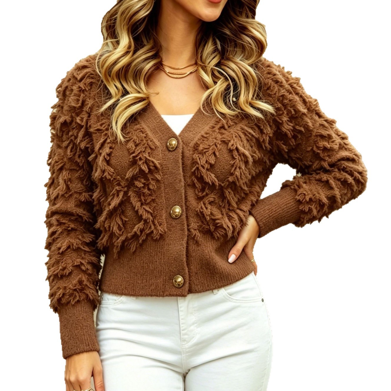 Amazon plush tassel short knitted cardigan V-neck single-breasted long-sleeved textured sweater jacket autumn and winter