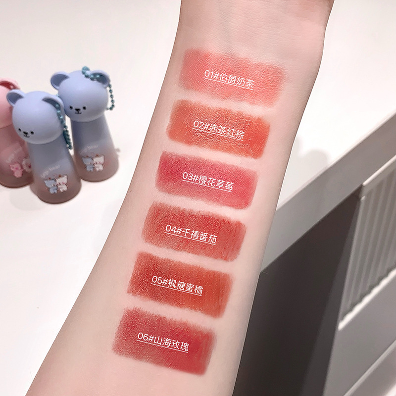 Gegebear Bear Soft Mist Lip Mud Cover Box no es fácil de tocar tazas de terciopelo mate no es fácil de descolorar el conjunto de lápiz labial blanco