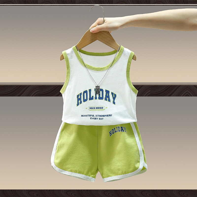 7828 traje de verano para niños nuevo estilo estilo occidental chaleco deportivo para bebés pantalones cortos ropa sin mangas de verano para bebés y niños delgada