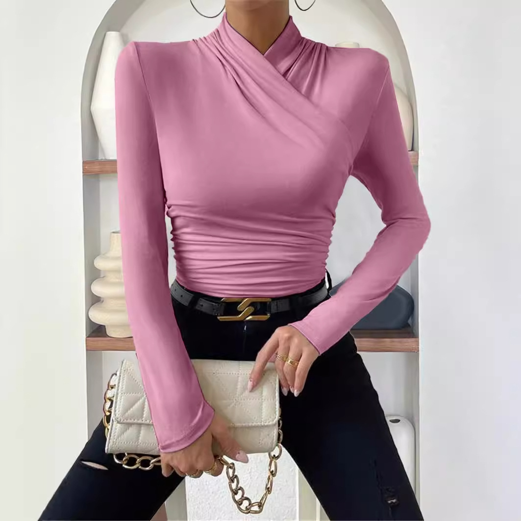 Elegant Women's Cross-Neck Slim-Fit T-Shirt Tuck Detail Versatile Autumn Winter Wardrobe Staple Fashion Top for Ladies_ecoleips.com