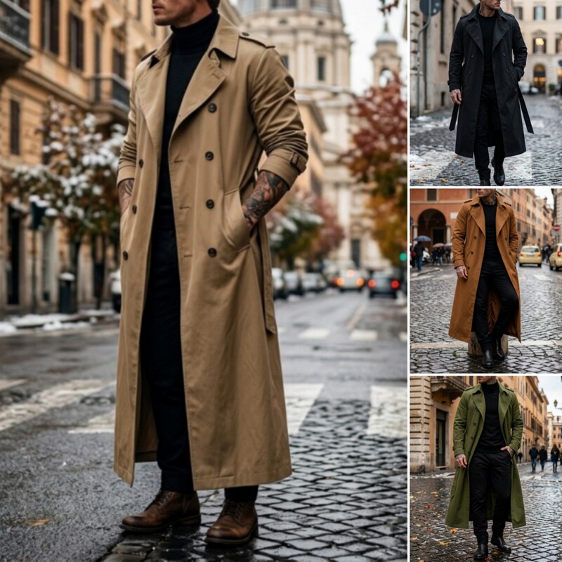 2026 New Product: Extra-long men's trench coat, lightweight windproof jacket, available for independent station dropshipping, with belt, extra-long trench coat