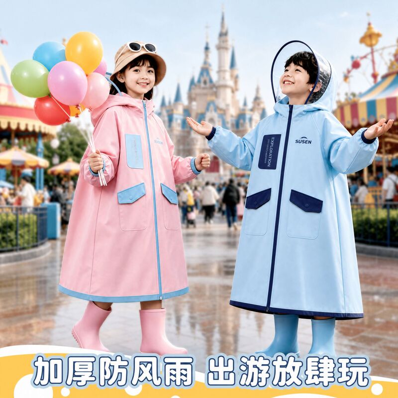 Children's raincoat, designed for elementary school students, suitable for both boys and girls, provides full-body protection against heavy rain, and features a new design with a designated space for a backpack Children's raincoat, designed for elementary school students, suitable for both boys and girls, provides full-body protection against heavy rain, and features a new design with a designated space for a backpack
