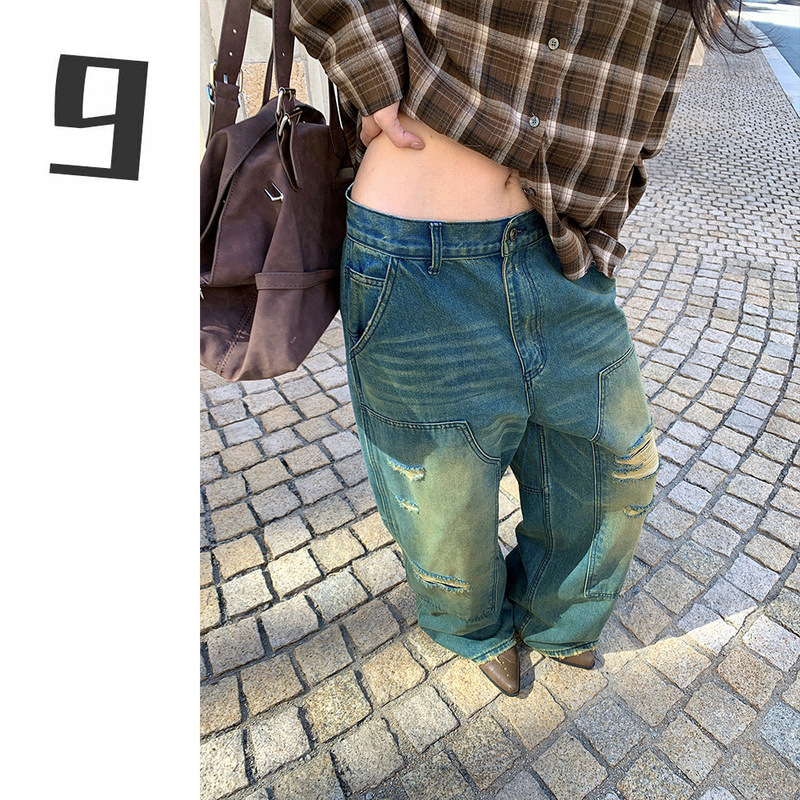 [9Hour] American Retro Ripped Jeans for Women 2025 Autumn and Winter Personalized Splicing Logging Straight Pants Hc1391