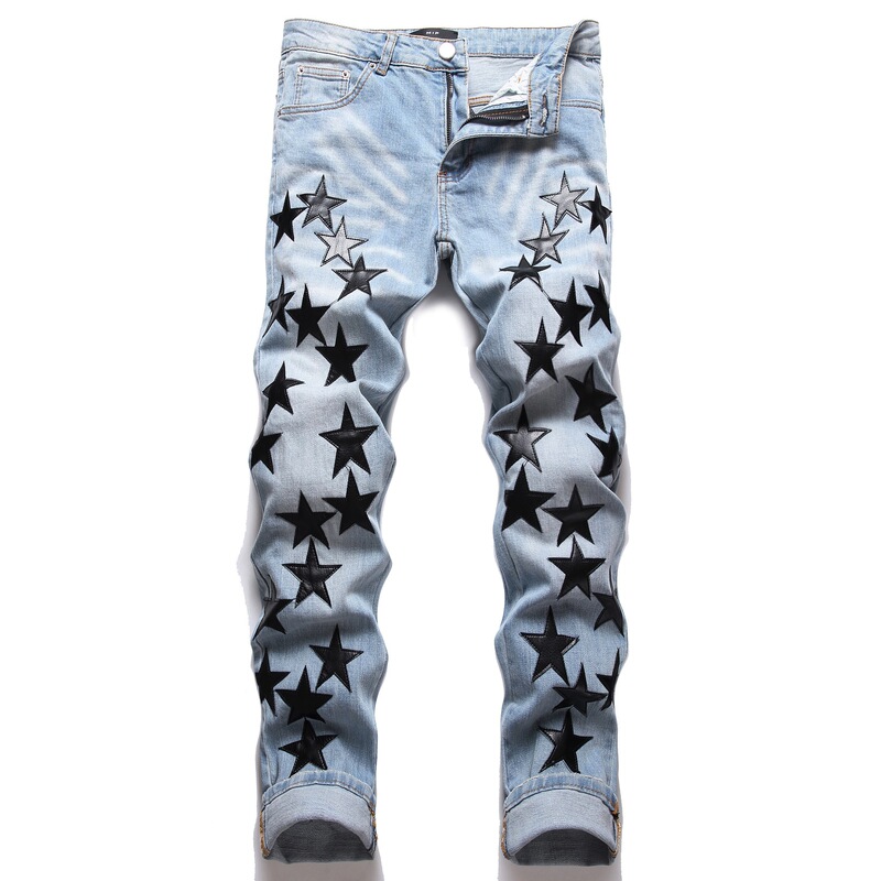 Foreign Trade High Street European and American Style Black Star Embroidery Fashionable Men's Slim Fit Skinny Stretch Stylish Denim Jeans Foreign Trade High Street European and American Style Black Star Embroidery Fashionable Men's Slim Fit Skinny Stretch Stylish Denim Jeans