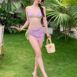 碎花小清新彩色印花系带比基尼带胸垫温泉海边度假三件套泳衣少女