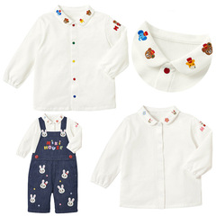 miki童裝春秋新款男女兒童卡通小熊小兔刺繡翻領長袖襯衣內搭