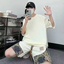 夏季300斤大码休闲中国风复古男女情侣套装宽松时尚拼接两件套