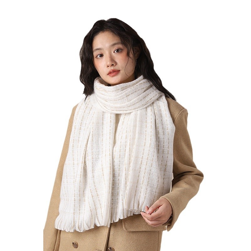 Elegant woven style cashmere 2024 new plaid women's winter Korean version versatile white student scarf_voghion.com