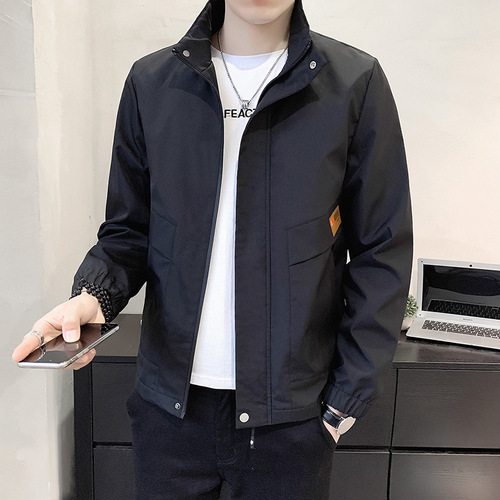 Men's Loose Trendy Fashion Button-Down Jacket with Embroidered Labels, Zipper Pockets, and Casual Style for Spring and Autumn