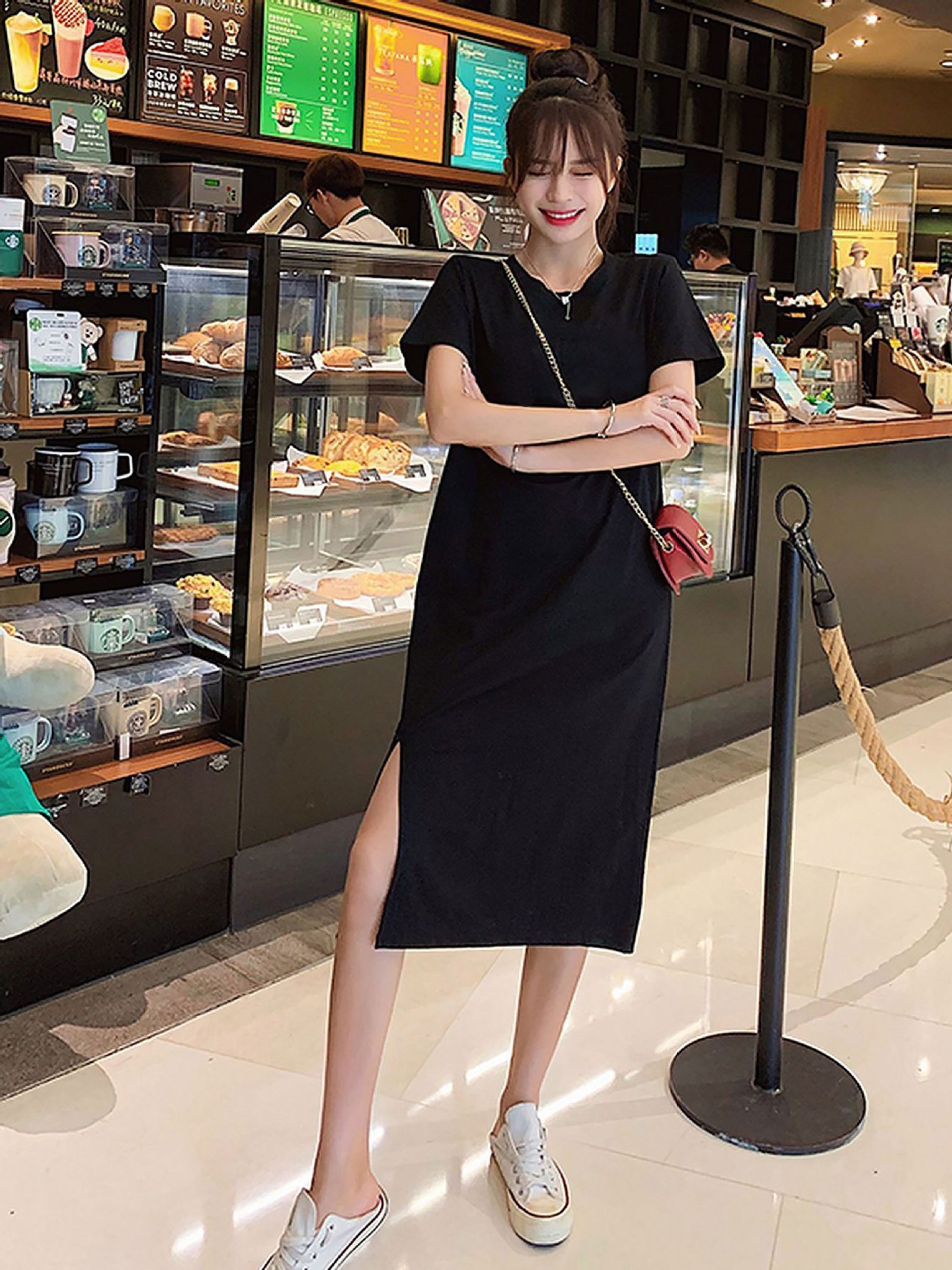 Real Shot of Summer Dress Women's Casual Belly-Covering Large Size Loose Mid-Length Over-The-Knee Bottoming Slit Short-Sleeved T-Skirt