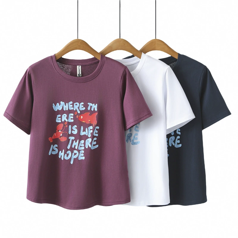 2025 летняя новая футболка с короткими рукавами плюс размер алфавита с принтом женский толстый мм корейская версия тонкого дикого топ 8601