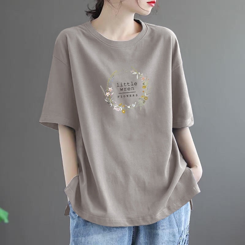 ママの大きいサイズの女性の服 2025 夏ルーズカジュアル快適なアウターファッション西洋スタイル文学 T シャツ|undefined