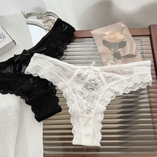 Hazy Peach ~ Spicy Girl Style Sexy Lace Thong Underwear Women Low-Waist Pure Desire T-Panties Lacey Sexy Women's Triangle Pants