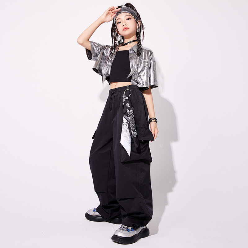 여자 재즈 댄스 의상 한국식 재즈 실버 배벨 세트 어린이 유행 모델 쇼 의상