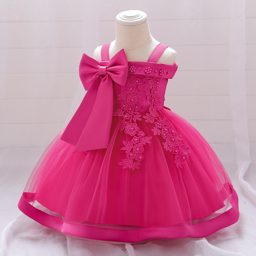 New Children's Dress for Girls with Pearl Flowers, Everyday Wear, One-Shoulder Strappy Birthday Dress for 1-Year-Old Babies