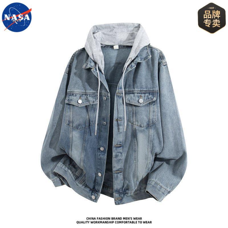 Nasa Brand High-Quality Fake Two-Piece Hooded Denim Jacket for Men, Spring and Autumn Casual Stylish High-End Jacket