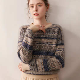 秋冬新款圆领电脑提花加厚山羊绒女宽松复古拼色时尚百搭毛衣