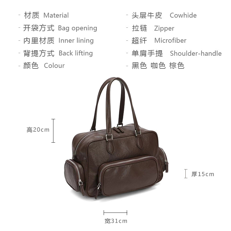 보스턴 여성 가방 2025 새로운 도착 멀티 포켓 틈새 빈티지 가죽 자동차 가방 여성 대용량 원 숄더 언더암 가방