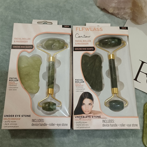Jade Roller Massage Tool, Natural Xiuyu Roller Scraping Board Set, Scraping and Muscle Relieving Stick Beauty Device, Colored Box