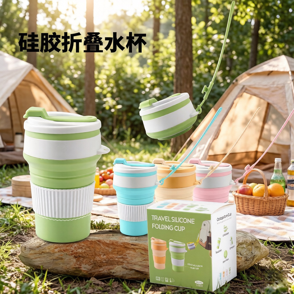 아마존 실리콘 접는 물 컵 야외 휴대용 접는 컵 350ml 고온 저항 컵 개폐식 커피 컵