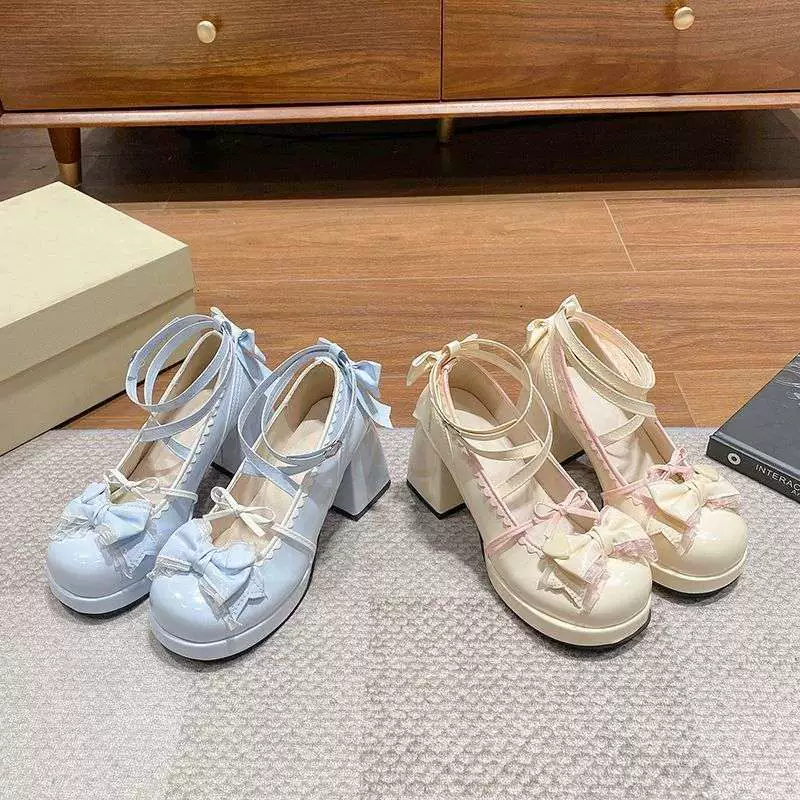 Оригинальные женские туфли в стиле Лолиты на толстом каблуке и толстой подошве, водонепроницаемые туфли на платформе, синие, в японском стиле, мягкие, милые и милые туфли с бантом для девочек