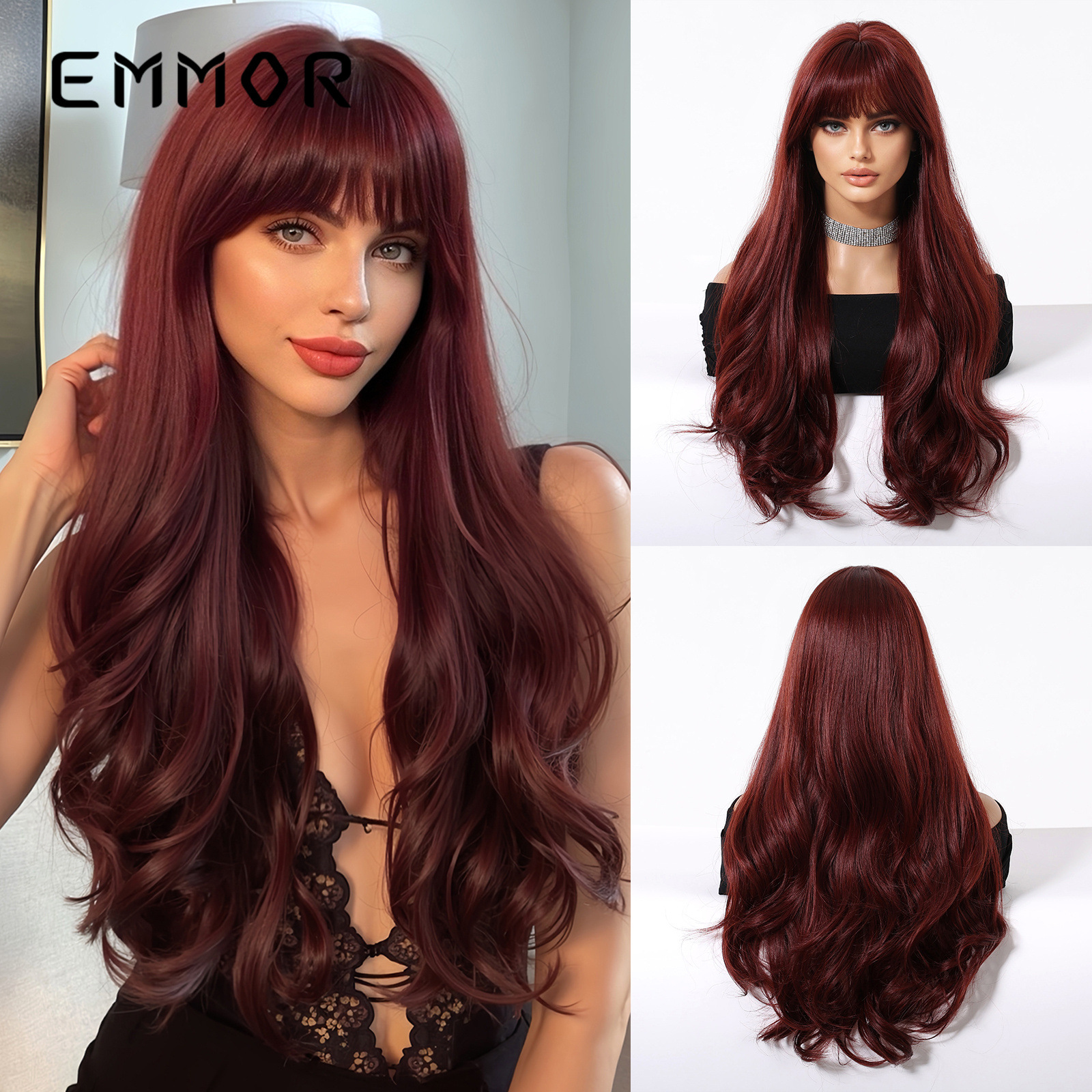 Qi flequillo, gran ola, rojo vino, cabello largo y rizado, estilo europeo y americano, peluca esponjosa natural, cabello completo, wigs