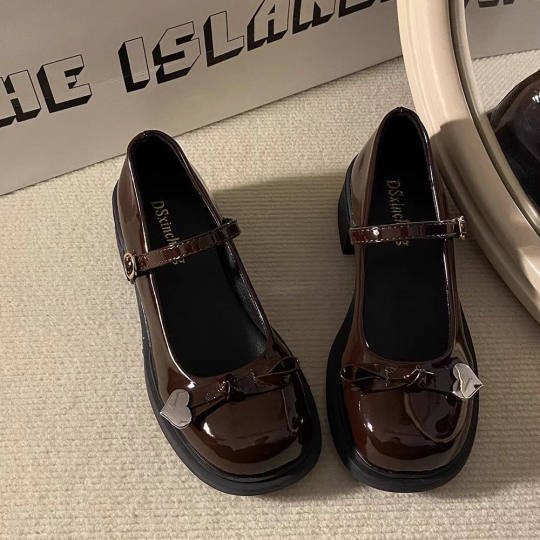 Dark Girl Bow Round-toe 2025 Spring and Autumn Mary Jane Small Leather Shoes Thick Heel Shoes High-heeled Shoes