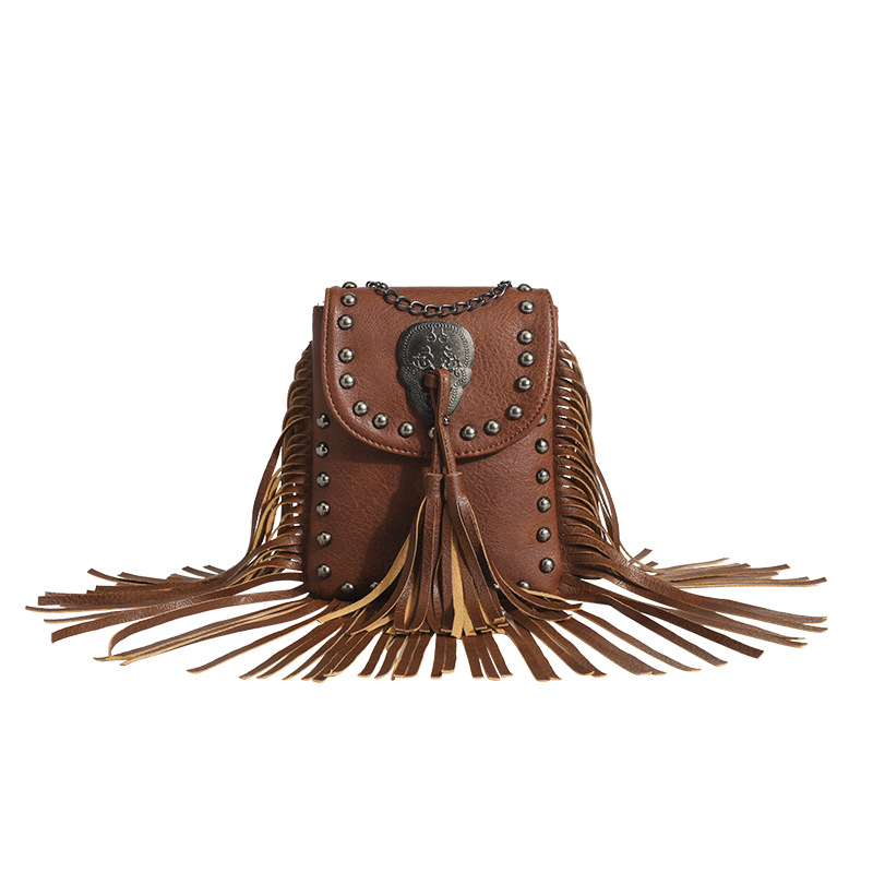 Trendy Fashion European & American Women's Studded Tassel Mini Phone Bag Casual Soft Leather Sweet Cool Biker Style Chain Crossbody Bag - Thumbnail 5