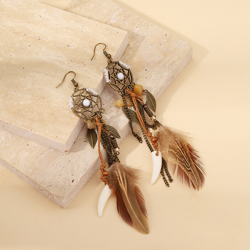 Earrings + Necklace Quantity Holiday Occasion Wholesale Jewelry Retro Feather Alloy Turquoise Patchwork Earrings Necklace