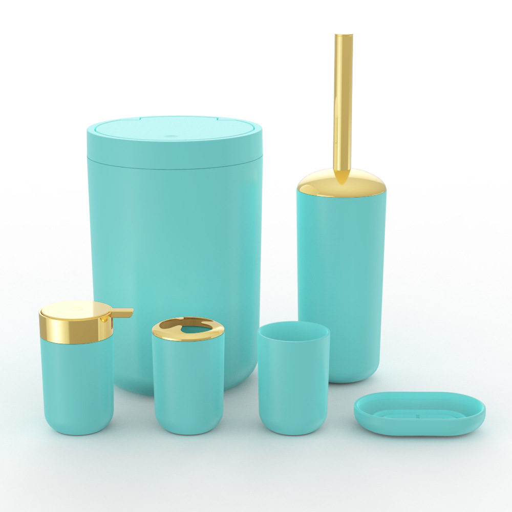 Plástico de color sólido chapado en oro seis piezas conjunto de cepillo de dientes caja de jabón cepillo de inodoro almacenamiento baño conjunto de lavado