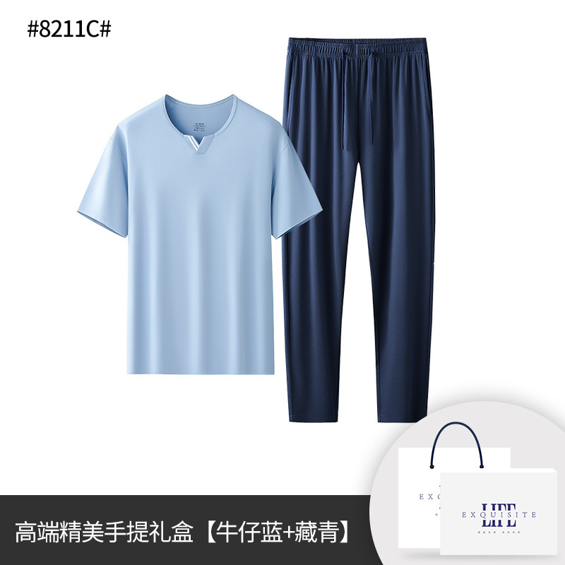 [Raroso y bueno] 80 pijamas modales de doble cara para hombre de primavera y verano Traje casual de pantalones finos de manga corta