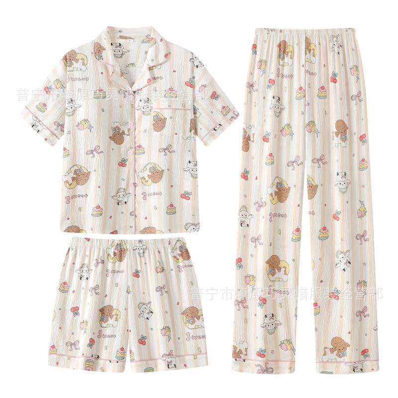 Hermosos pijamas de tela de rabu mujeres primavera y otoño verano nubes de algodón dulce mangas cortas pantalones cortos de tres piezas ropa para el hogar