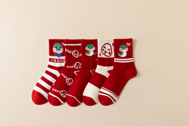 Medias de algodón rojo para parejas de hombres y mujeres, regalo de Año Nuevo, dibujos animados lindos 2025, medias rojas del año de la serpiente image 12