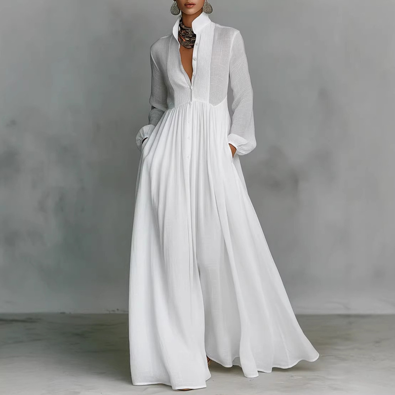 Cross-Border Spring and Summer New Style Elegant Waist-Cinching Slimming Long-Sleeve Pleated Long Holiday Dress French White Dress