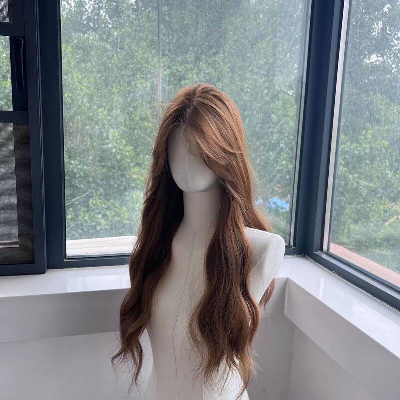 Wig Female Front Lace Wool Curly Linen Golden Brown Water Ripple Wig Breathable Light Realistic Natural Full Headgear
