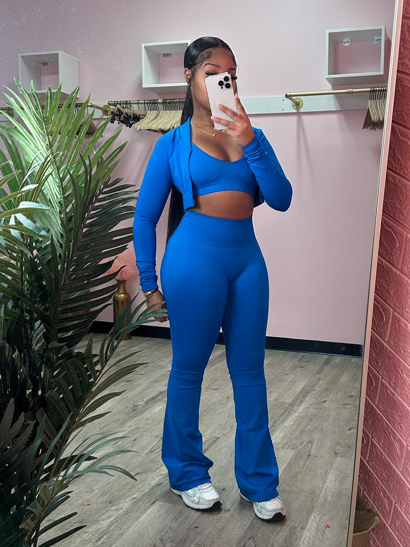 Women Clothing Basic Solid Color Short Top High Waist Bootcut Sports Casual Three Piece Suit Suit