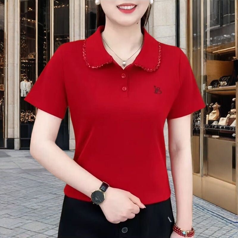 2025 New Style Versatile Doll Collar Lace Women's T-Shirt Short-Sleeved Fashionable Loose Age-Reducing Mother's Top 2025 New Style Versatile Doll Collar Lace Women's T-Shirt Short-Sleeved Fashionable Loose Age-Reducing Mother's Top
