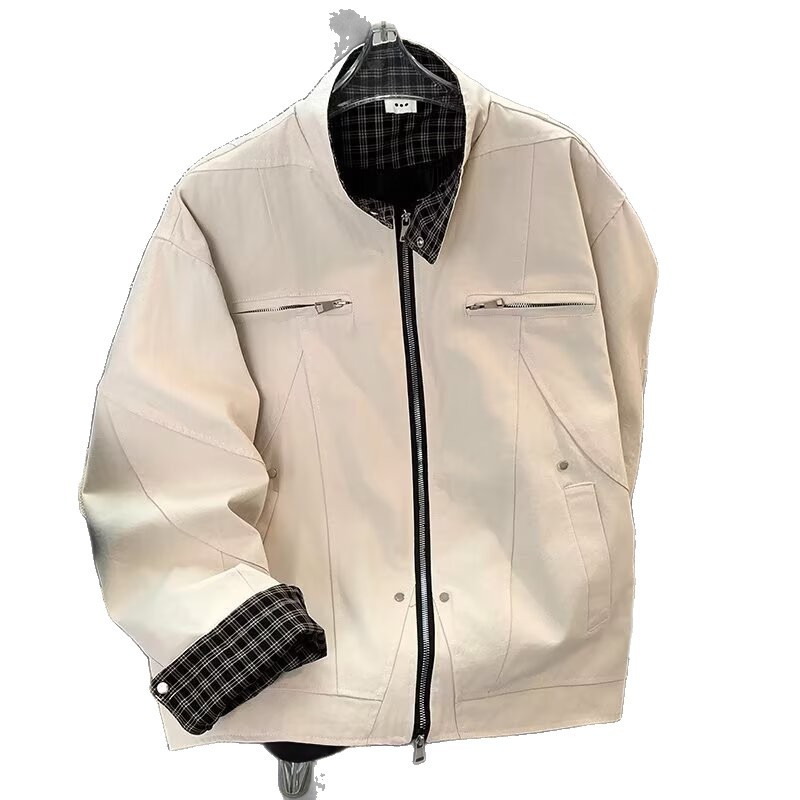 Grid Splicing Jacket, Trendy Loose Baseball Jacket, Lapel Workwear Jacket_voghion.com