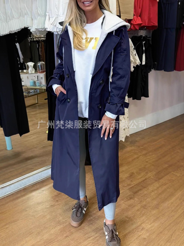 现货欧美2025秋冬亚马逊跨境新款连帽翻领假两件休闲长款风衣外套|undefined