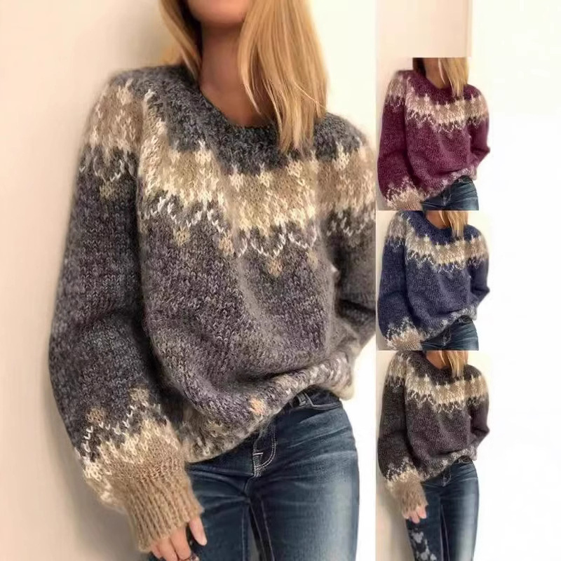 European and American Wishebay Women's Autumn and Winter Casual Loose Mohair Thick Knit Jacquard Women's Sweater with Three-Dimensional Pattern